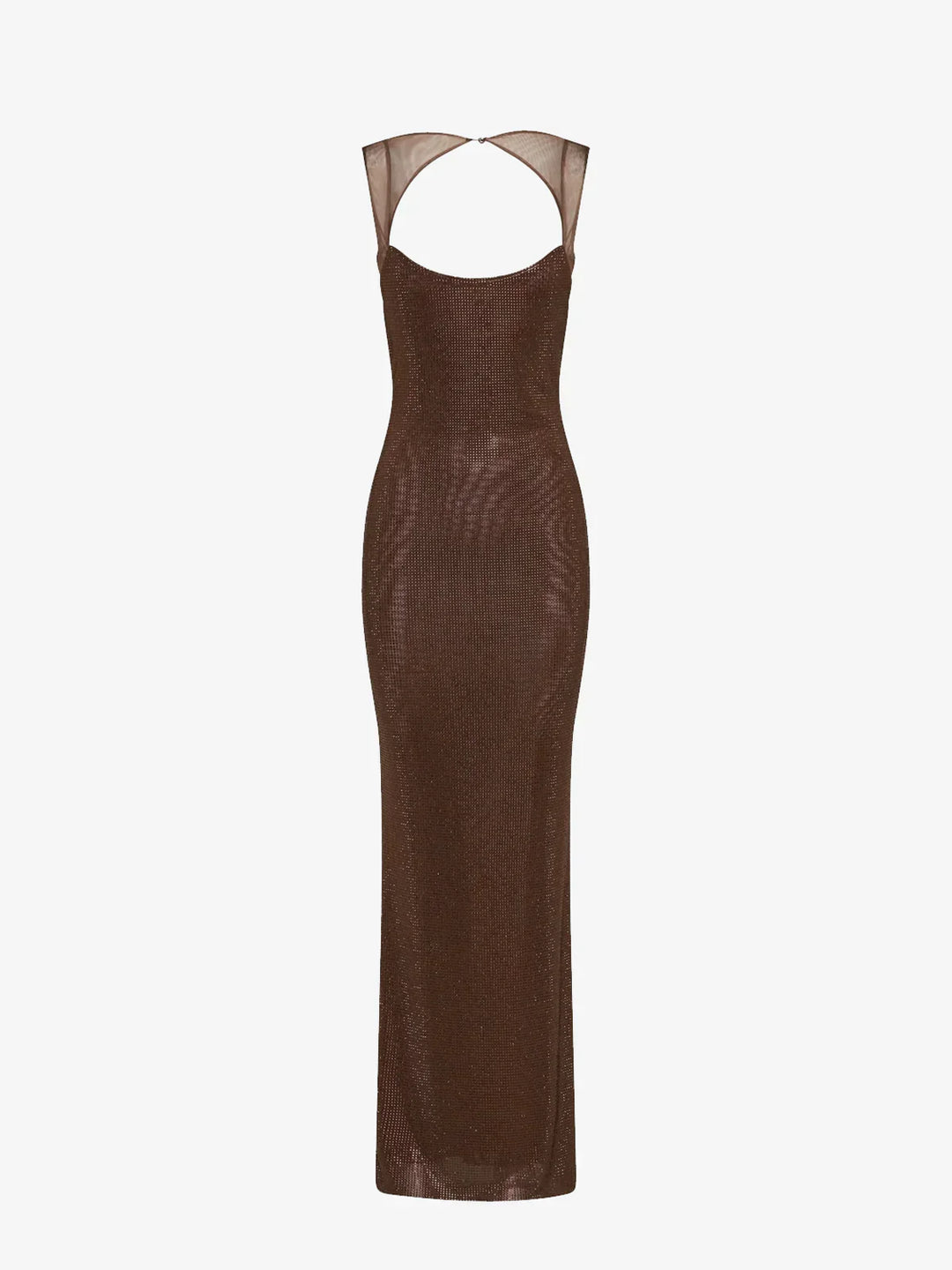 Robe maxi marron femme en satin, dos nu décoré de sequins brillants, idéale pour des soirées élégantes.
