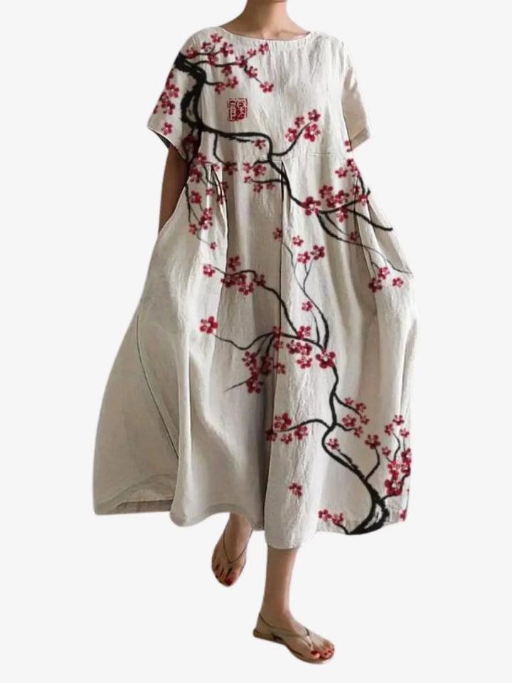 Abito Maxi Donna Fantasia Floreale Manica Corta Tasche Ampie - Vesarelli
