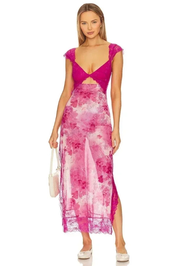 Robe maxi femme en dentelle transparente, motif floral, coupe cache-cœur, teinte combo rosé, parfaite pour les occasions…