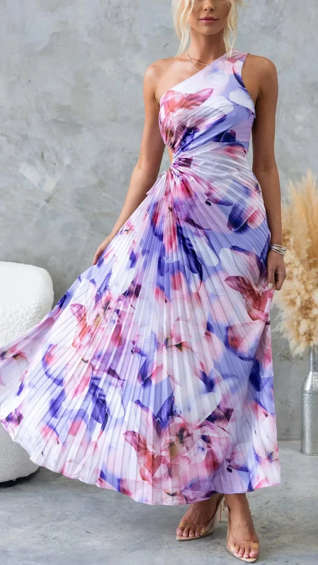 Abito Lungo Donna Plissé con Fiori Spallina Singola - Vesarelli