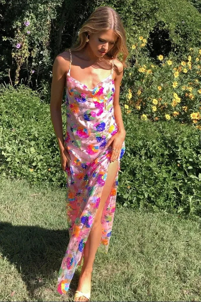 Abito Lungo Donna con Spacco e Spalline Sottili - Vesarelli