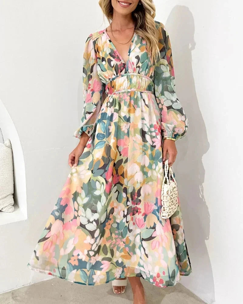 Abito Lungo Donna Stampa Floreale Manica Lunga Scollo a V - Vesarelli