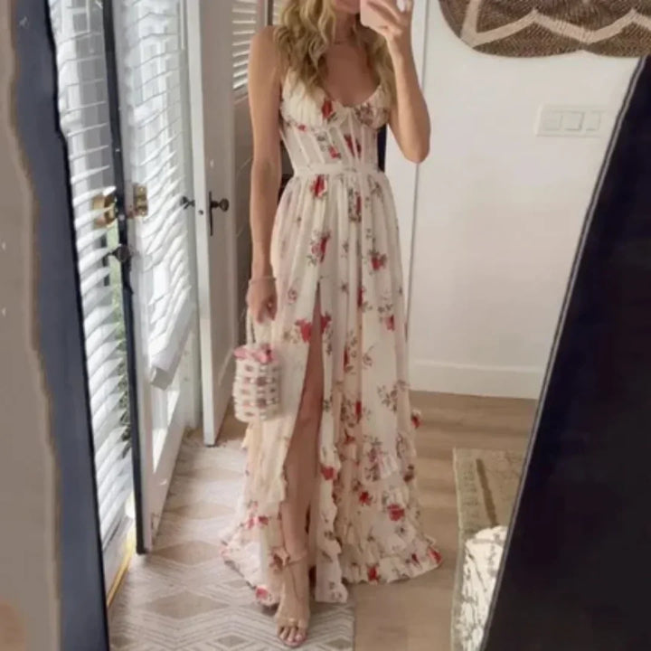 Abito Lungo Donna in Tessuto Floreale con Spacco e Scollo - Vesarelli