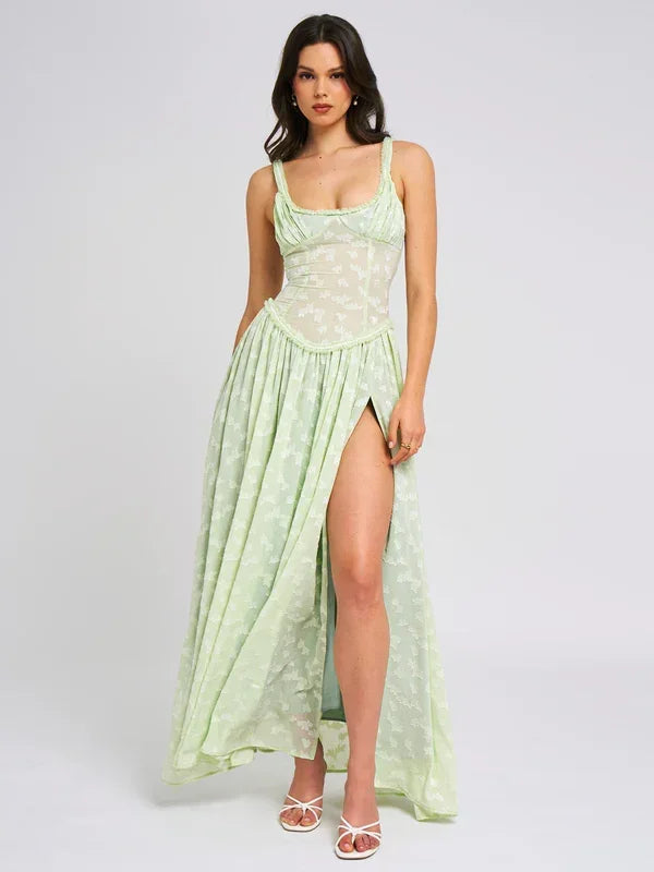 Abito Lungo Donna con Corsetto Floreale Spacco Elegante - Vesarelli