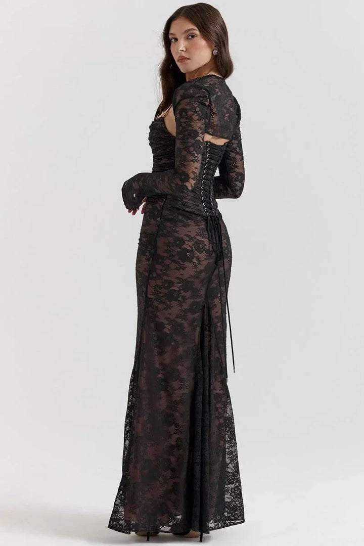 Robe longue à fleurs en dentelle, manches longues et détails croisés aux épaules, idéale pour les cérémonies et soirées.