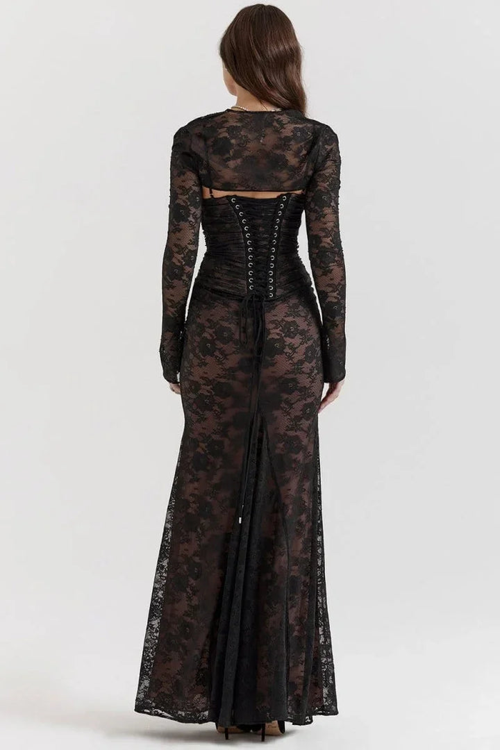 Robe longue à fleurs avec dentelle, manches longues et détails sur les épaules, idéale pour les cérémonies et les soirées.