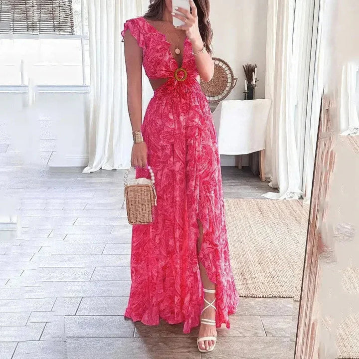 Robe longue florale en coton, manches courtes, col en V, avec découpes sur les côtés, parfaite pour l'été.