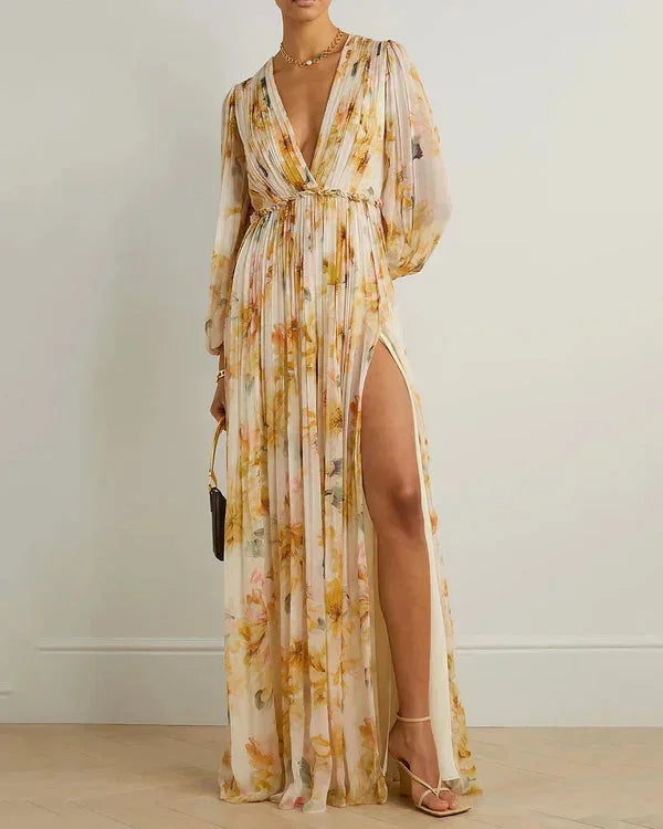 Abito Lungo Donna Fantasia Floreale Scollo a V con Spacco - Vesarelli