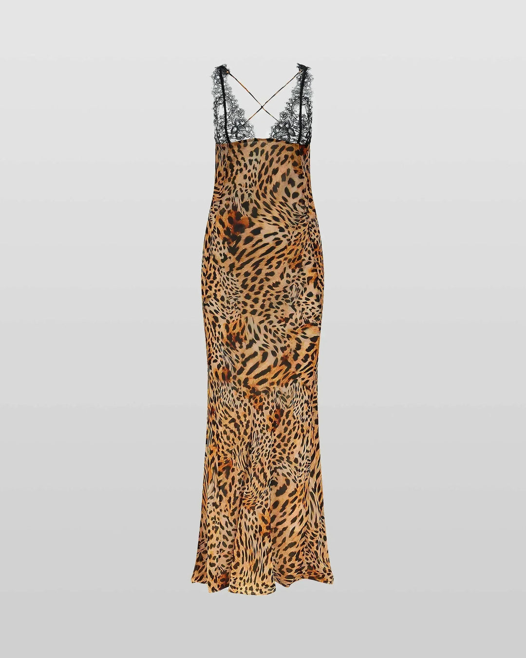 Robe longue en tissu léger avec imprimé animal, décolleté plongeant et bretelles en dentelle parfaite pour les soirées.