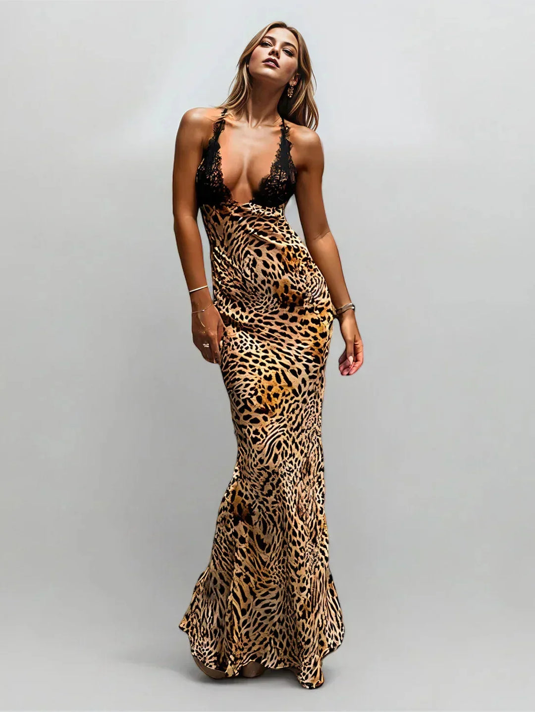 Abito Lungo Donna Pizzo Animalier Spalline Sottili - Vesarelli