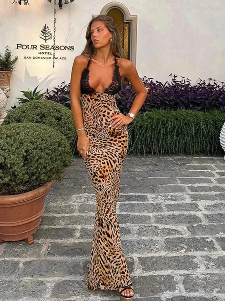 Abito Lungo Donna Stampa Animalier Scollo Profondo Senza Maniche - Vesarelli