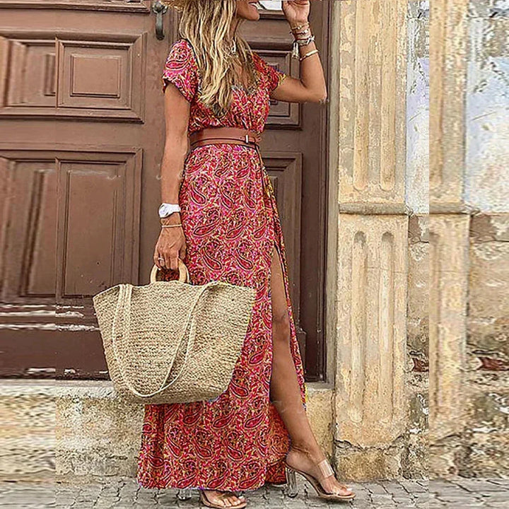 Robe longue imprimée fleurs, ample, col en V, ceinture, en polyester léger, parfaite pour l'été et les occasions décontractées.