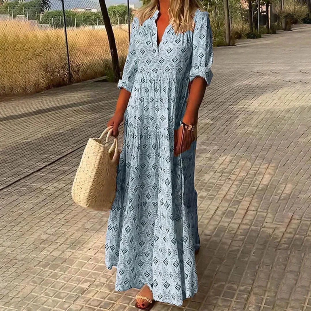 Abito Lungo Donna Scollo a V Manica Lunga Stile Bohemien - Vesarelli