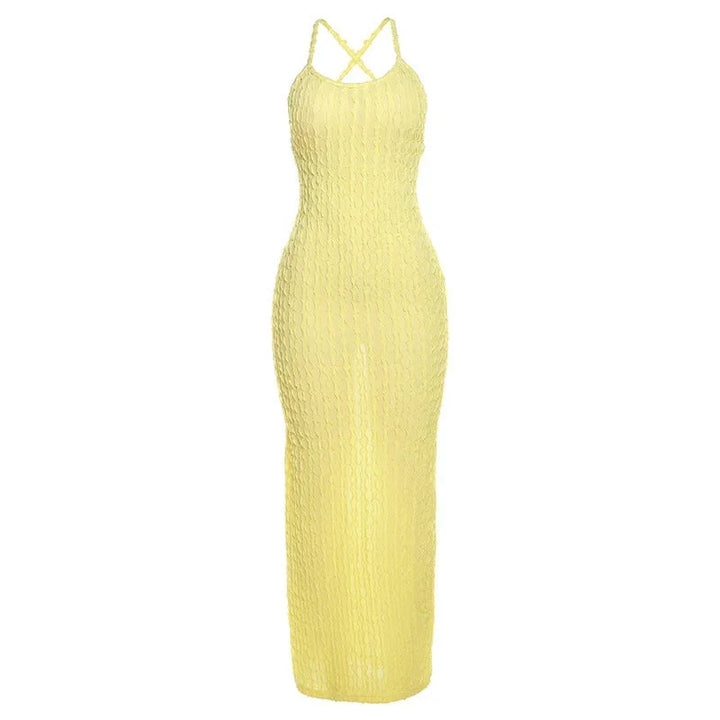 Robe longue moulante en dentelle sans manches, dos nu, disponible en plusieurs couleurs, idéale pour les soirées.