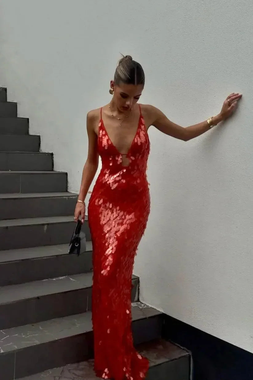 Abito Lungo Donna Paillettes Bretelle Sottili Elegante - Vesarelli