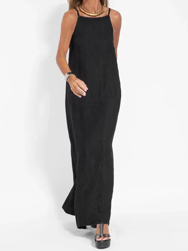 Robe longue sans manches en tissu léger, fluide et décontracté, idéale pour un style polyvalent en été.
