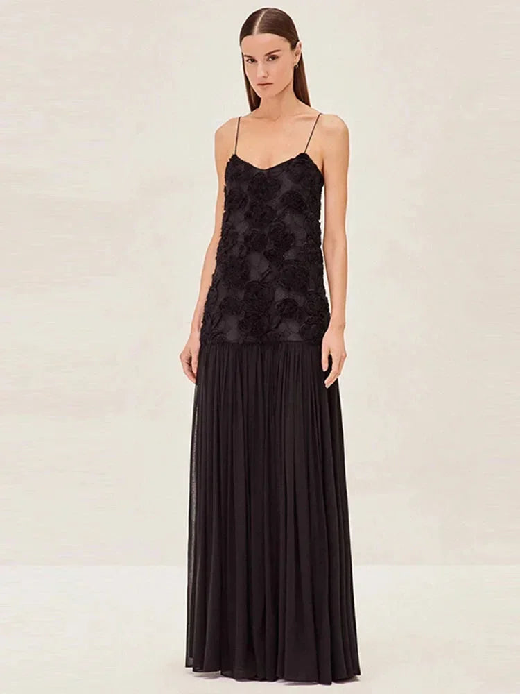 Abito Lungo Donna in Pizzo Bretelle Sottili Elegante - Vesarelli