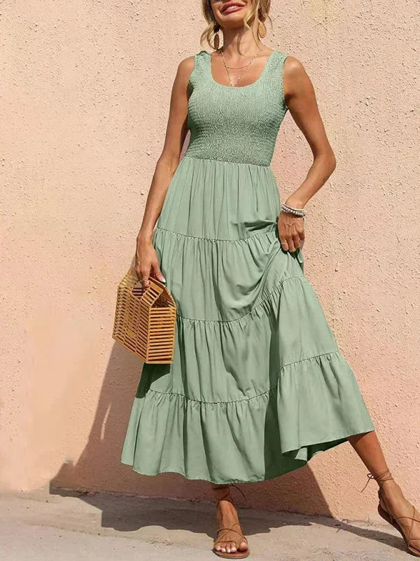 Abito Lungo Donna con Smock e Volant Senza Maniche - Vesarelli