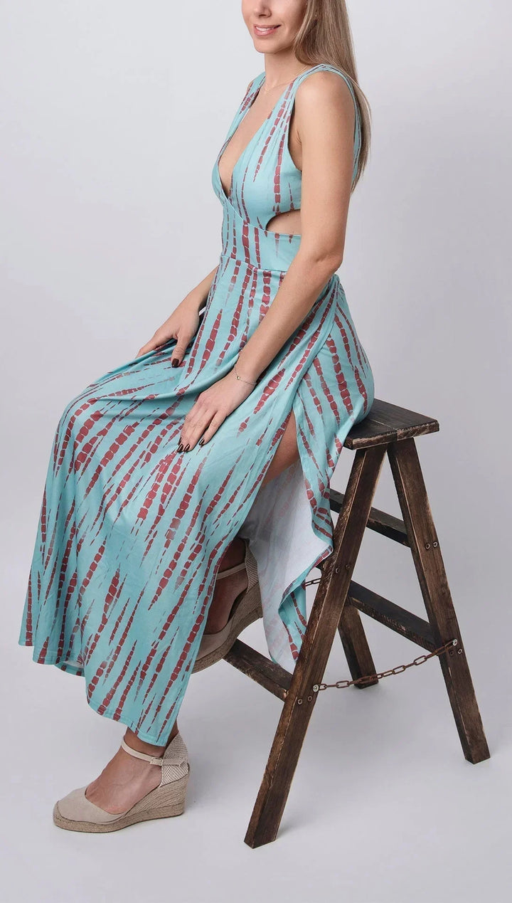 Abito Lungo Donna in Tessuto Tie-Dye Scollo a V con Spacchi - Vesarelli