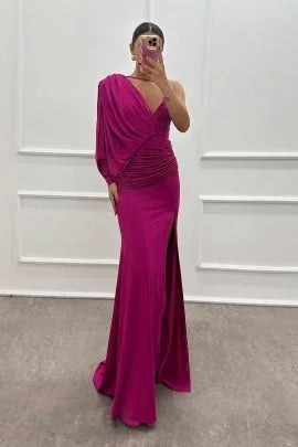 Abito Lungo Donna Monospalla con Spacco e Drappeggio - Vesarelli