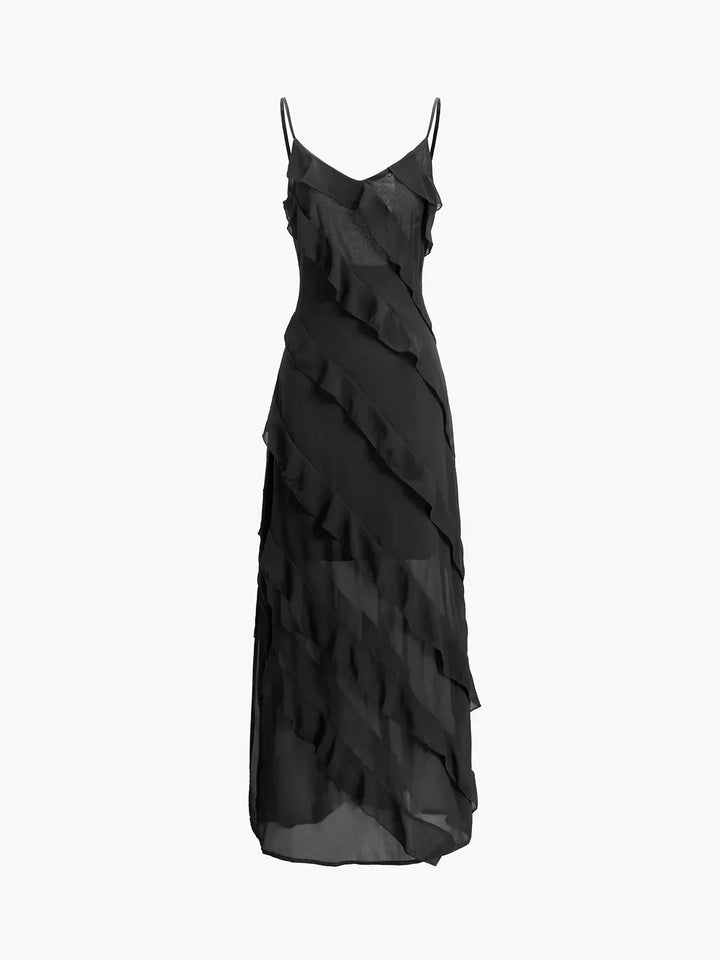 Robe longue à volants asymétrique en chiffon léger, avec bretelles ajustables et une coupe fluide, idéale pour les soirées.