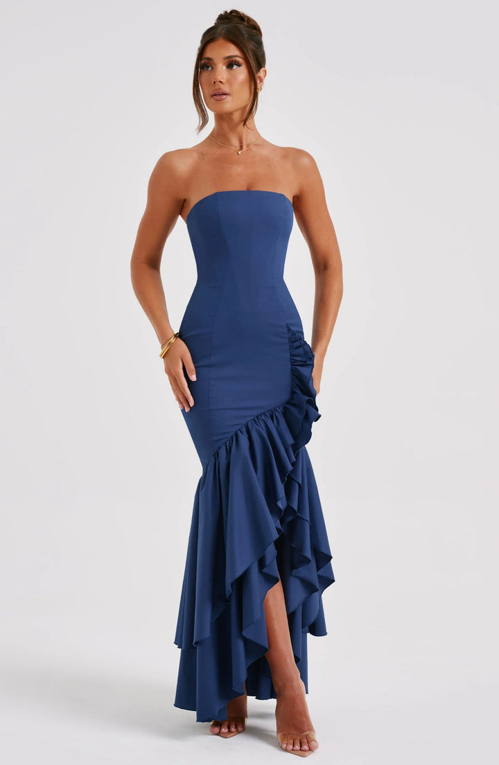 Abito Lungo Donna Bustier con Volant Asimmetrici - Vesarelli
