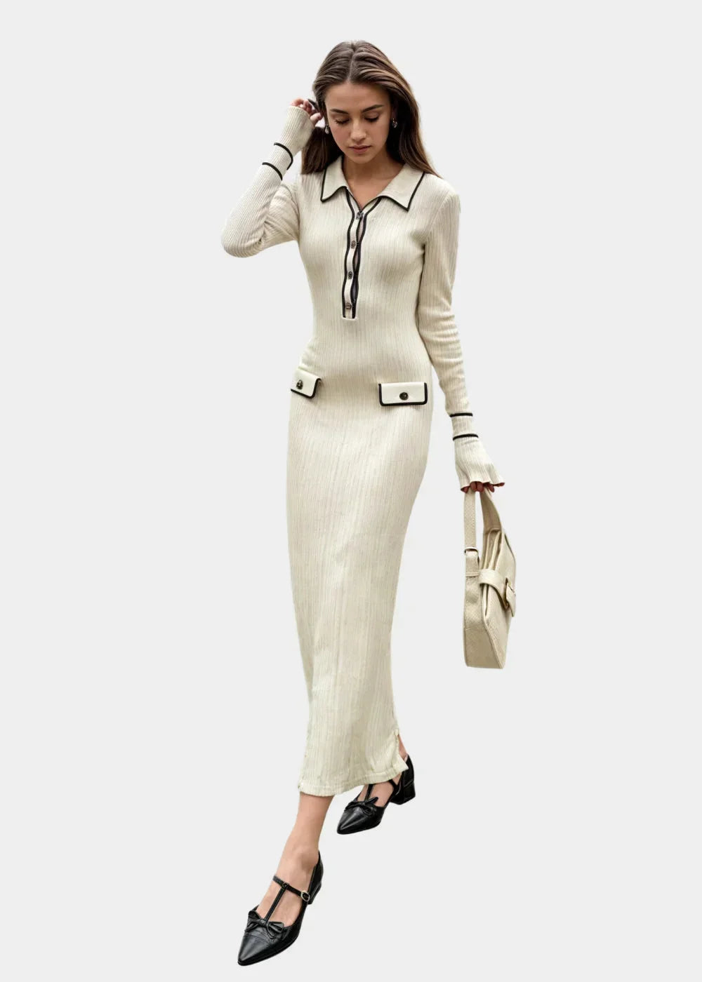 Robe midi côtelée beige avec col contrastant, manches longues, en matériau doux et extensible, parfaite pour un look…