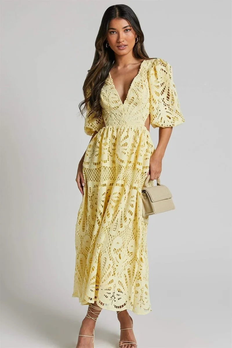 Abito Midi Donna in Pizzo Scollo a V Maniche Sbuffo - Vesarelli