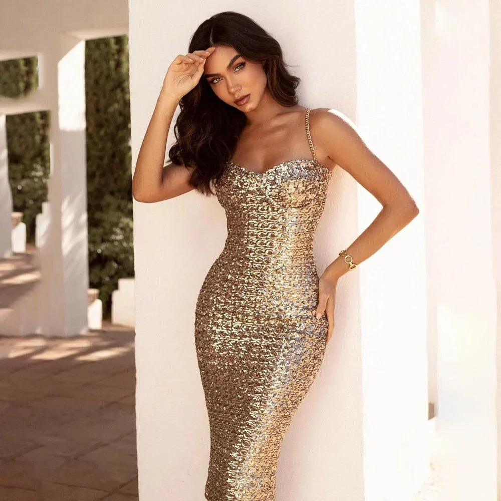 Abito Midi Donna con Paillettes e Bretelle Sottili - Vesarelli