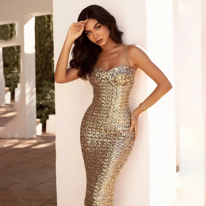 Abito Midi Donna con Paillettes e Bretelle Sottili - Vesarelli