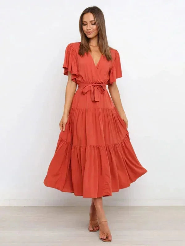 Abito Midi Donna con Volant Cintura e Scollo a V Manica Corta - Vesarelli