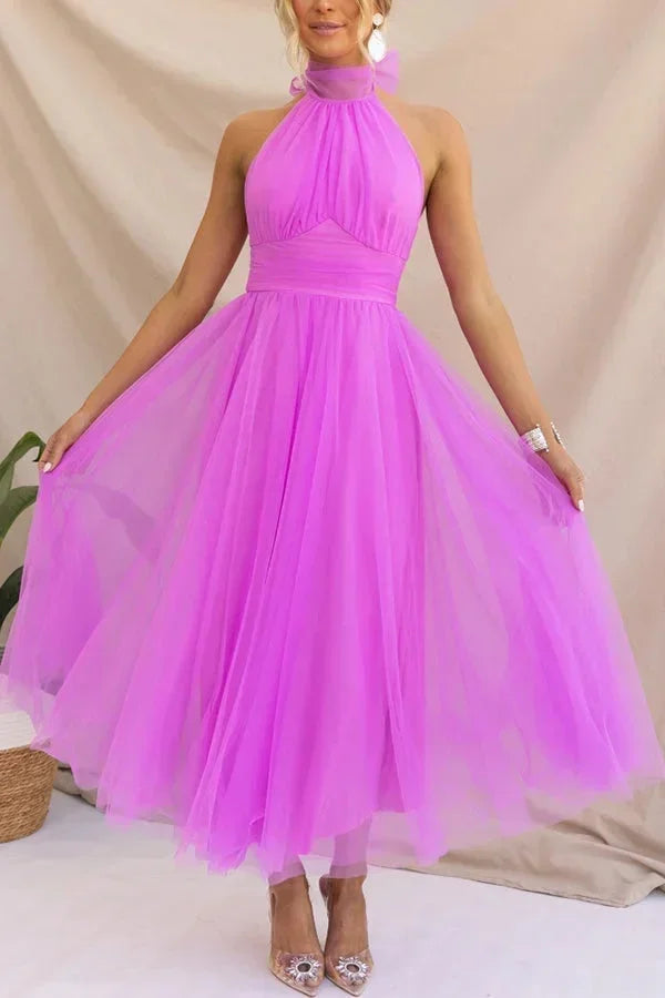 Abito Midi Donna in Tulle Plissettato con Cintura Collo Alto - Vesarelli