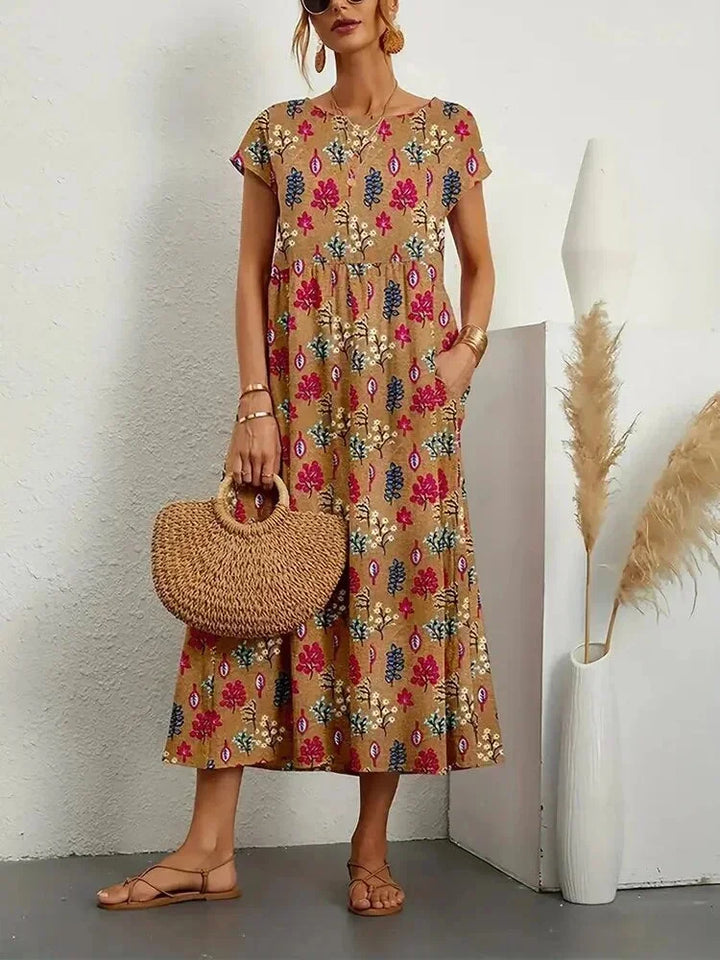 Abito Midi Donna Cotone Stampa Floreale Tasche - Vesarelli