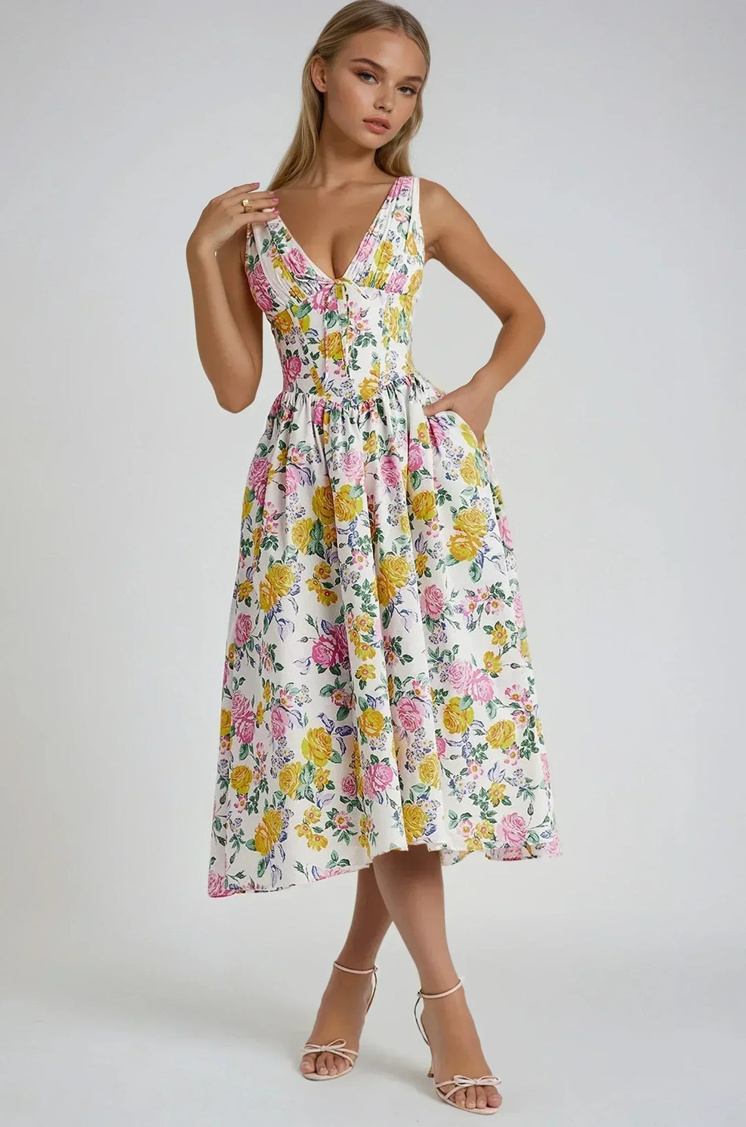Abito Midi Donna Fantasia Floreale Bretelle Sottili - Vesarelli