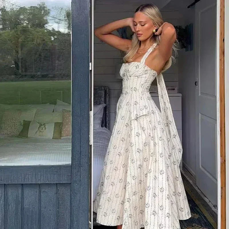 Abito Midi Donna Fantasia Floreale Bretelle Larghe - Vesarelli