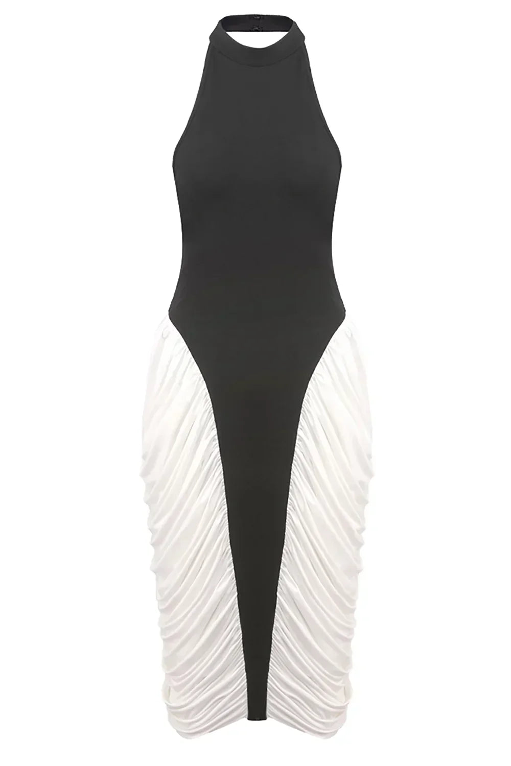 Robe midi femme noire et blanche plissée, en polyester léger avec motifs à rayures, parfaite pour un look décontracté.