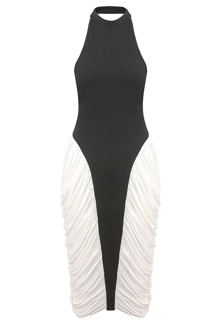 Robe midi femme noire et blanche plissée, en polyester léger avec motifs à rayures, parfaite pour un look décontracté.