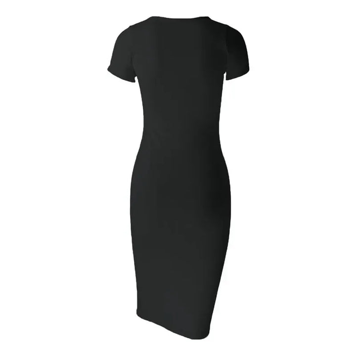 Robe midi noire à manches courtes, ajustée, en tissu doux et extensible, avec une coupe flatteuse et une finition soignée.