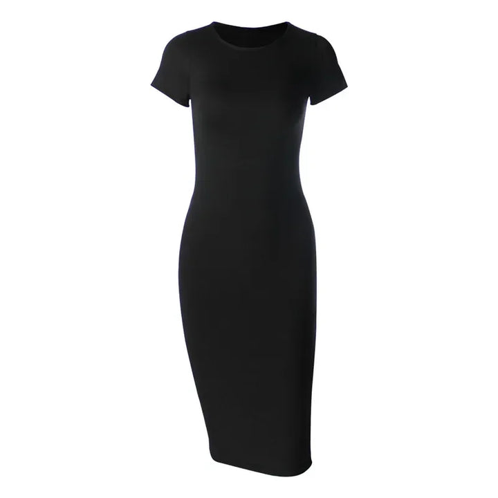 Robe midi noire pour femme, à manches courtes, en coton doux, avec une coupe ajustée et un design élégant et intemporel.
