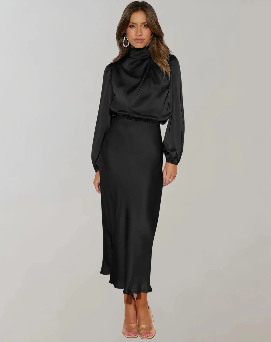 Abito Midi Donna in Satin Drappeggiato Manica Lunga - Vesarelli