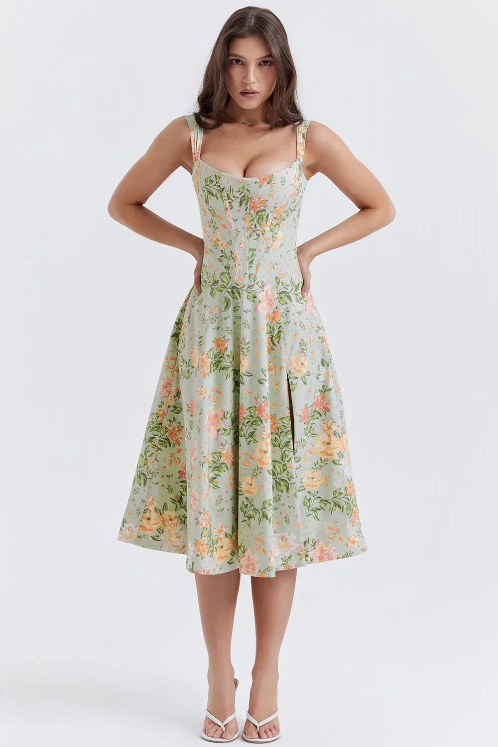 Abito Midi Donna Scollo a V Motivo Floreale Spacco - Vesarelli