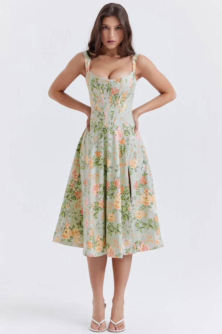 Abito Midi Donna Scollo a V Motivo Floreale Spacco - Vesarelli