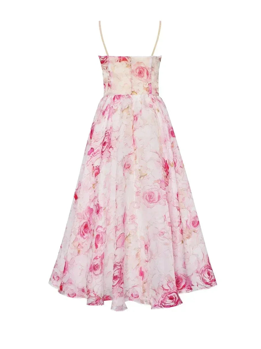 Robe midi sans manches en tissu léger, imprimé floral coloré, col droit, parfaite pour les événements printaniers et…