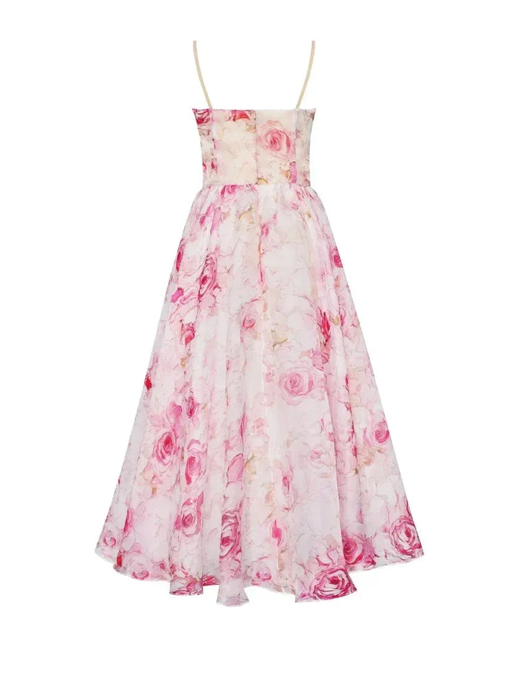 Robe midi sans manches en tissu léger, imprimé floral coloré, col droit, parfaite pour les événements printaniers et…