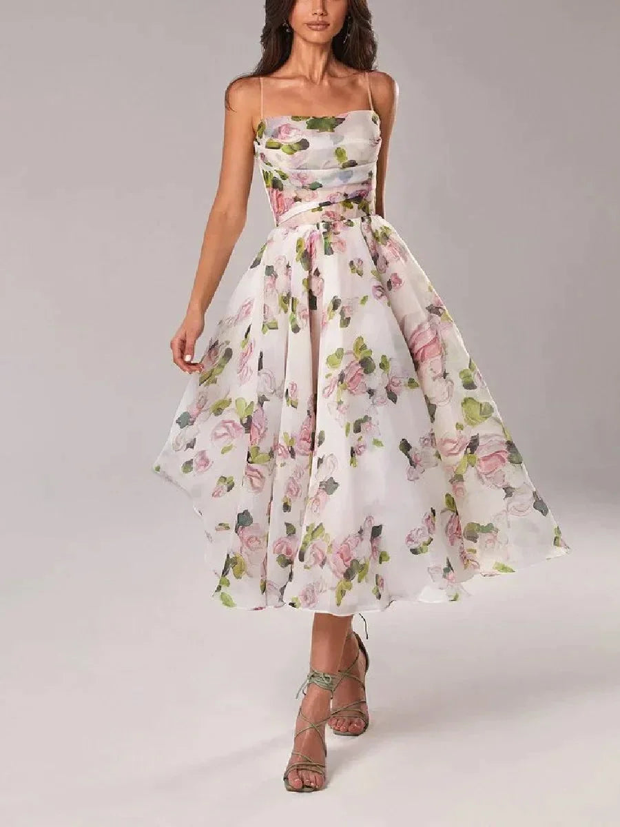 Abito Midi Donna Fluido Stampa Floreale Bretelle Sottili - Vesarelli