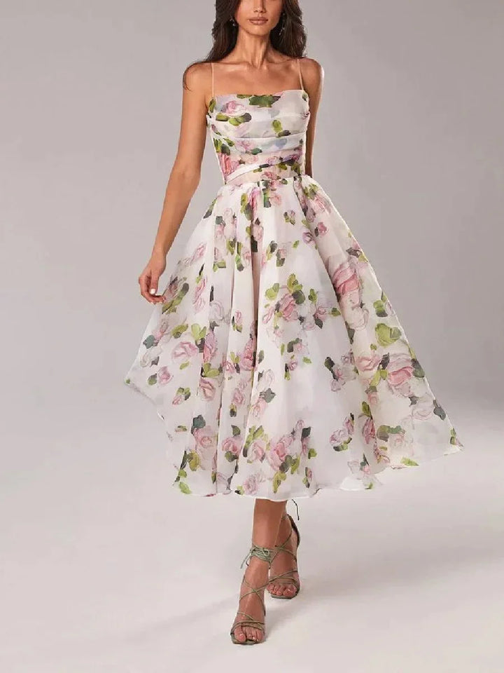Abito Midi Donna Fluido Stampa Floreale Bretelle Sottili - Vesarelli