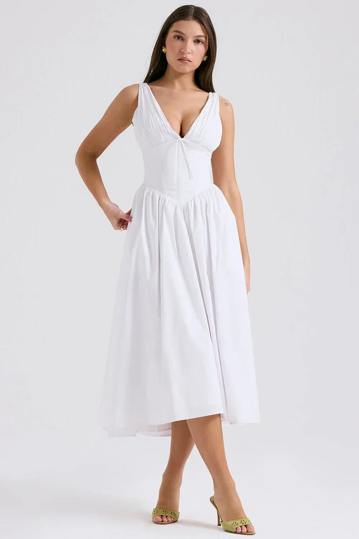 Robe midi florale évasée avec corset, col en V, en tissu léger, idéale pour l'été, disponible en plusieurs couleurs.