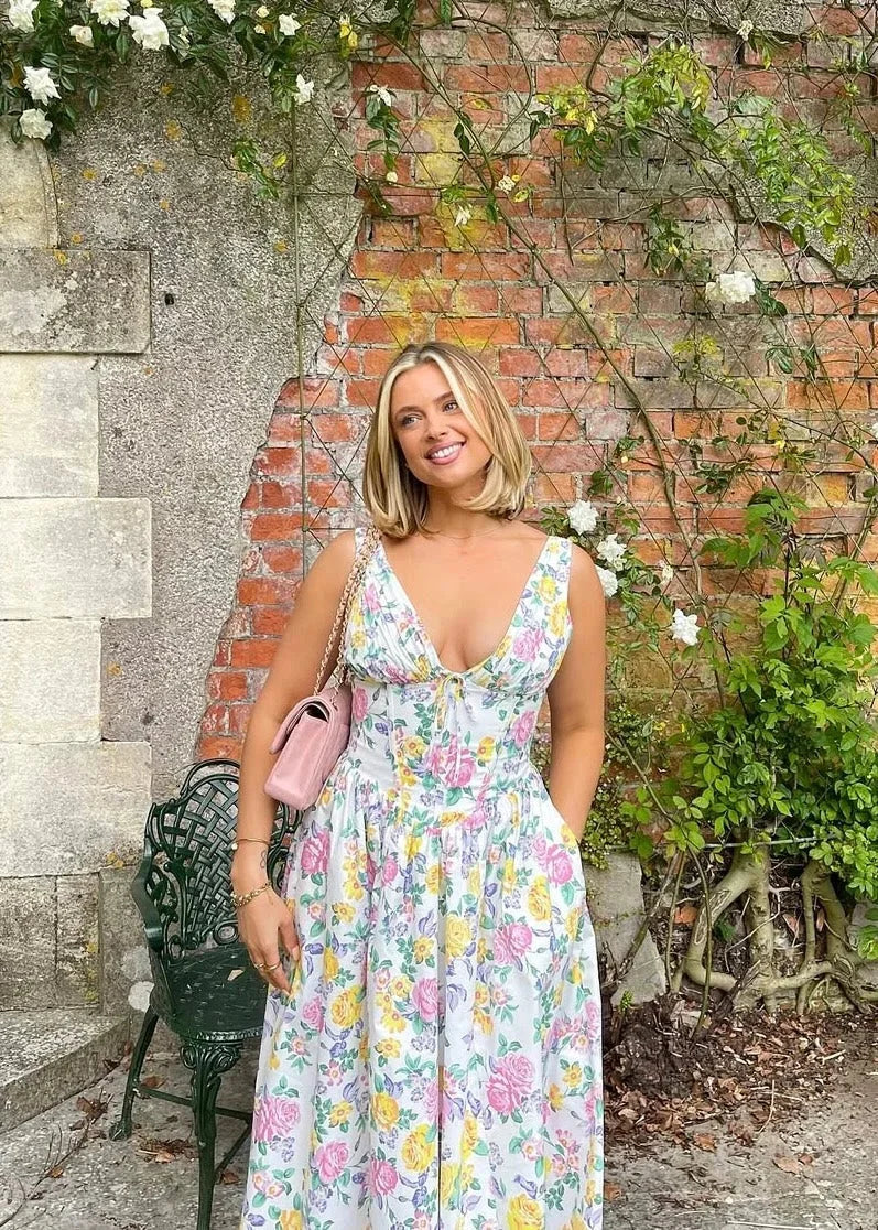 Robe midi florale col en V avec corset, évasée, en coton léger, disponibles en plusieurs couleurs, idéale pour l'été.