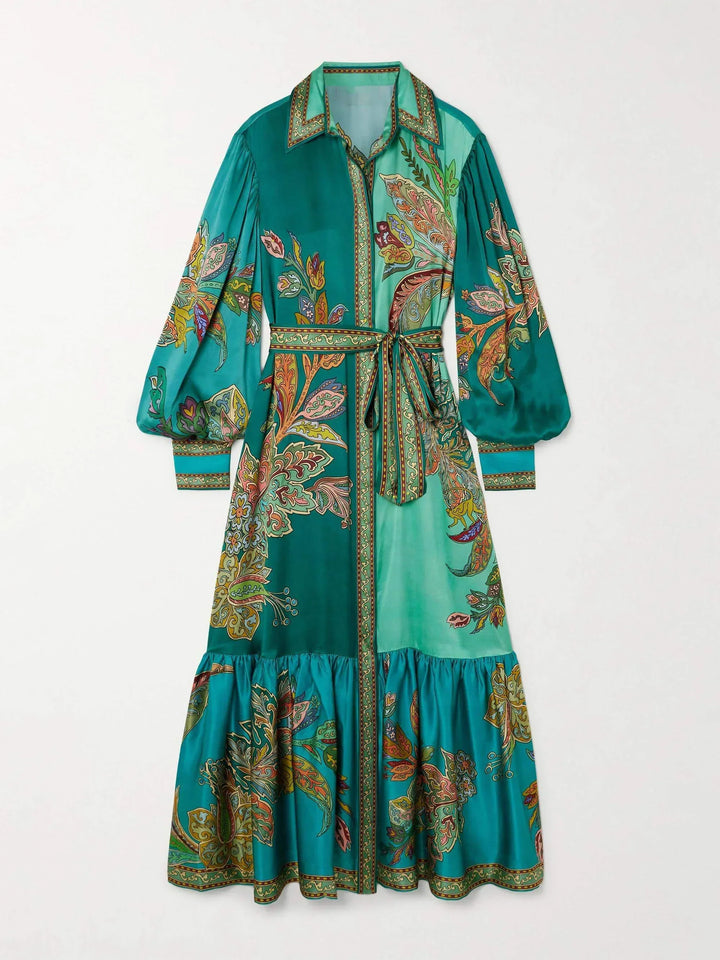 Robe midi fluide en tissu léger, imprimée, avec ceinture, manches longues et col à revers, idéale pour l'automne.