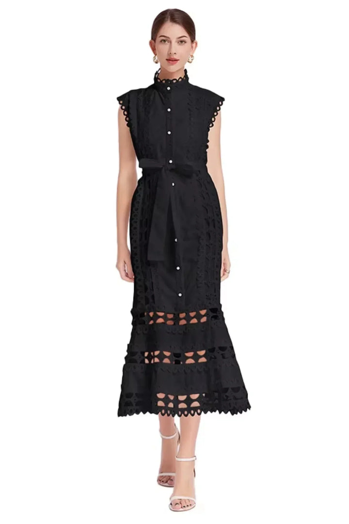 Abito Midi Donna Senza Maniche in Pizzo con Cintura - Vesarelli
